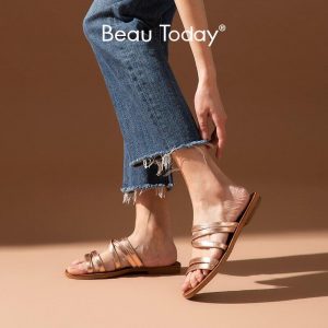 BeauToday Beach Slippers Women Genuine Cow Leather Narrow Band Open Toe Summer Outdoor Slides Ladies Flat Shoes Handmade 36138