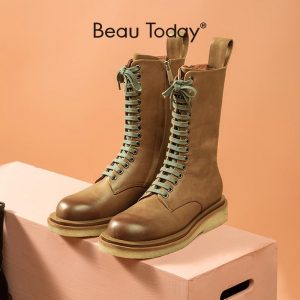 BeauToday Boots Women Genuine Cow Leather Mid-Calf Length Round Toe Size Zipper Vintage Lady Platform Shoes Handmade 02321
