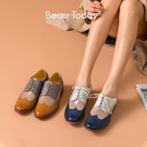 BeauToday Brogue Shoes Mixed Colors Wingtip Top Brand Genuine Leather Handmade Lace-Up Round Toe Waxing Sheepskin Shoes 21025