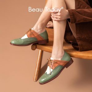 BeauToday Brogue Shoes Women Calfskin Genuine Leather Mixed Colors Round Toe Lace-Up Retro Ladies Derby Shoes Handmade 21465