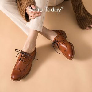 BeauToday Brogue Shoes Women Calfskin  Genuine Leather Oxfords Wintip Round Toe Lace-Up Ladies Casual Flats Handmade A21414