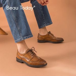 BeauToday Brogue Shoes Women Oxfords Lace-Up Genuine Cow Leather Handmade Wingtip Round Toe Flat Female Dress Shoes 2108626