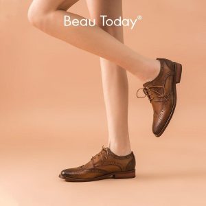 BeauToday Brogue Shoes Women Wingtip Genuine Cow Leather Round Toe Cross-Tied Spring Autumn Lady Flats Handmade 21436