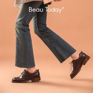 BeauToday Brogues Shoe Women Genuine Cow Leather Wingtip Fretwork Round Toe Lace-Up Flat Derby Shoes Handmade 21457