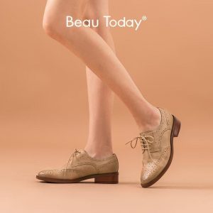BeauToday Brogues Women Genuine Cow Leather Derby Shoes Retro Round Toe Lace-up Spring Autumn Ladies Flats Handmade 21445