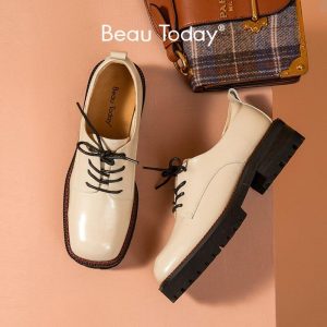 BeauToday Casual Derby Shoes Women Genuine Cow Leather Solid Square Toe Cross Tied Spring-Autumn Ladies Dress Shoes 27719