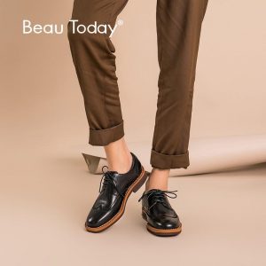 BeauToday Casual Shoes Women Calfskin Genuine Leather Wingtip Lace-up Round Toe Fashion Design Ladies Shoes Handmade 21417
