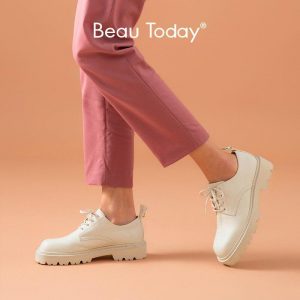 BeauToday Casual Shoes Women Genuine Cow Leather Lace-Up Closure Round Toe Spring Autumn Ladies Flats Dress Shoes Handmade 21618