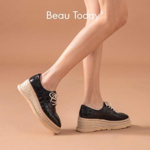 BeauToday Casual Shoes Women Genuine Cow Leather Round Toe Lace-Up Hemp Rope Sole Ladies Platform Derby Shoes Handmade 21830