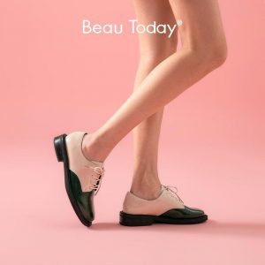 BeauToday Casual Shoes Women Oxfords Genuine Cow Leather Mixed Colors Round Toe Lace-Up Spring Ladies Derby Shoes Handmade 21476