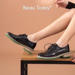 BeauToday Casual Shoes Women Patent leather Oxfords Lace-Up Closure Round Toe Spring Autumn Ladies Derby Shoes Handmade 21617