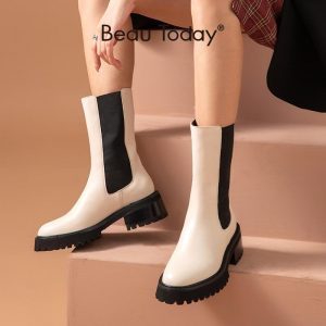 BeauToday Chelsea Boots Women Calfskin Leather Platform Round Toe Mid-Calf Length Elastic Band Ladies Shoes Handmade 02347