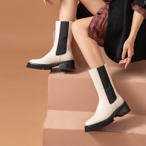 BeauToday Chelsea Boots Women Calfskin Leather Platform Round Toe Mid-Calf Length Elastic Band Ladies Shoes Handmade 02347