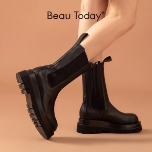 BeauToday Chelsea Boots Women Genuine Cow Leather Platform Round Toe Mid-Calf Length Autumn Ladies Shoes Handmade 02366