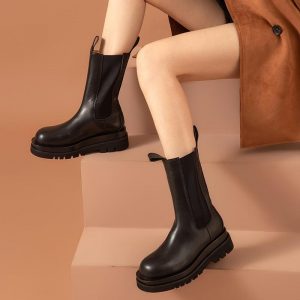 BeauToday Chelsea Boots Women Genuine Cow Leather Platform Round Toe Mid-Calf Length Autumn Ladies Shoes Handmade 02366