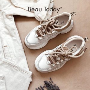 BeauToday Chunky Sneakers Women Cow Leather Mesh Retro Casual Shoes Platform Lace-Up Trainers Handmade 29333