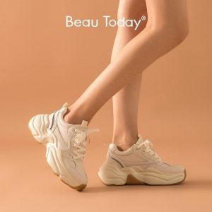 BeauToday Chunky Sneakers Women Dad Shoes Nylon Mesh Genuine Cow Leather Lace-Up Lady Casual Thick Sole Shoes Handmade 29325