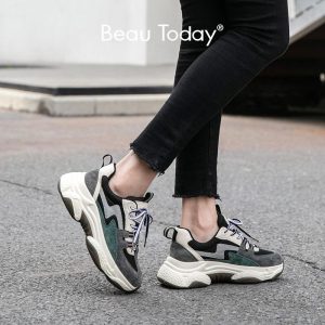 BeauToday Chunky Sneakers Women Genuine Cow Leather Mesh Round Toe Cross-Tied Mixed Colors Lady Casual Dad Shoes Handmade 29341