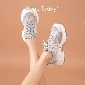 BeauToday Chunky Sneakers Women Mesh Leather Trainers Lace-Up Mixed Colors Platform Lady Casual Shoes Handmade 29356