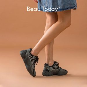 BeauToday Chunky Sneakers Women Pigskin Leather Mesh Round Toe Cross-Tied Lady Casual Platform Dad Shoes Handmade 29347