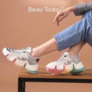 BeauToday Chunky Sneakers Women Rainbow Color Mesh Cow Leather Round Toe Lace-Up Lady Casual Shoes Female Handmade 29360