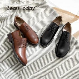 BeauToday Derby Shoes Women Soft Calfskin Lace-Up Round Toe Top Brand Genuine Leather Ladies Flats Handmade 21431