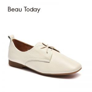 BeauToday Derby Shoes Women Top Quality Genuine Leather Cross-Tied Square Toe Cow Leather Spring Lady Flats 21338