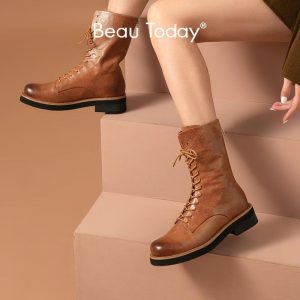 BeauToday Fashion Boots Mid-Calf Women Horsehide Genuine Leather Back Zip Lace-Up Autumn Winter Lady Shoes Handmade 02027