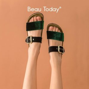 BeauToday Gladiator Slippers Women Soft Velvet Buckle Decoration Outdoor Slides Ladies Summer Beach Flat Shoes Handmade 34013