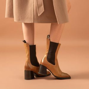 BeauToday High Heel Boots Women Sheepskin Leather Mid-Calf Chelsea Elastic Band Square Toe Ladies Shoes Autumn Handmade 02411