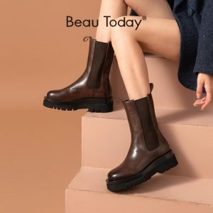 BeauToday Mid-Calf Boots Platform Women Cow Leather Elastic Band Round Toe Autumn Fashion Ladies Shoes Handmade 02369