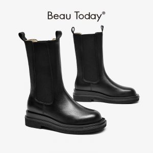 BeauToday Mid-Calf Boots Women Cow Leather Chelsea Booties Platfrom Elastic Band Round Toe Ladies Shoes Handmade 02373