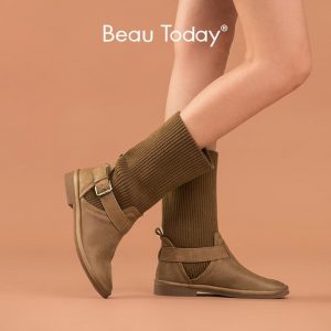 BeauToday Mid-Calf Boots Women Genuine Cow Leather Knitted Fabric Round Toe Buckle Decoration Ladies Shoes Handmade 02003