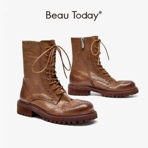 BeauToday Mid-Calf Boots Women Horsehide Leather Brogue Boot Round Toe Lace-Up Zip Fashion Lady Winter Shoes Handmade 02341