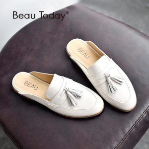 BeauToday Mules Shoes Women Genuine Leather Round Toe New Fashion Open Back Calfskin Upper with Fringe Decoration 35037