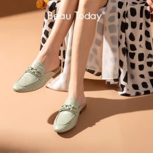 BeauToday Mules Slippers Women Calfskin Leather Alligator Pattern Chain Detail Slip-On Outdoor Ladies Flat Shoes Handmade 36147