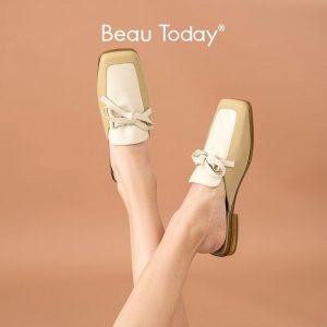 BeauToday Mules Women Calfskin Genuine Leather Butterfly-knot Square Toe Slip On Mixed Colors Ladies Flat Shoes Handmade 36123