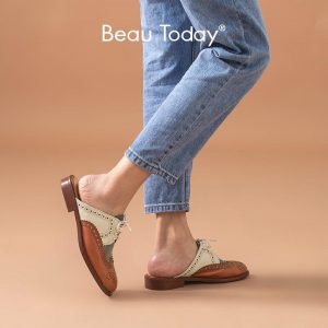 BeauToday Mules Women Calfskin Genuine Leather Mixed Colors Wingtip Round Toe Retro Brogue Ladies Flat Shoes Handmade 36124