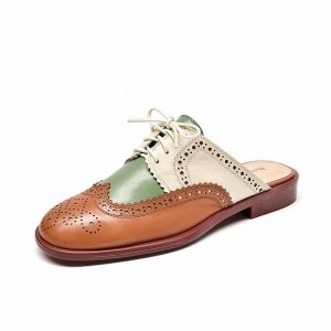 BeauToday Mules Women Calfskin Genuine Leather Mixed Colors Wingtip Round Toe Retro Brogue Ladies Flat Shoes Handmade 36124