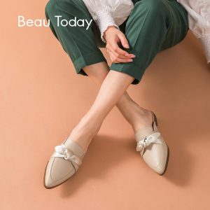 BeauToday Mules Women Cow Leather Silk Bow-knot Low Heel Pointed Toe Slip On Lady Flat Shoes Outside Slippers Handmade 36115