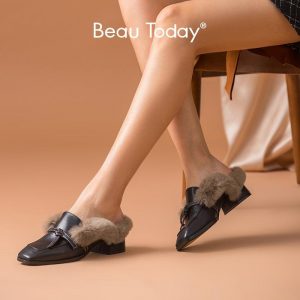 BeauToday Mules Women Genuine Cow Leather Butterfly-knot Decorated Autumn Winter Rabbit Hair Ladies Pumps Handmade 37019