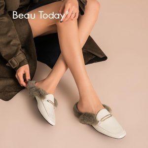 BeauToday Mules Women Sheepskin Genuine Leather Metal Buckle Decorated Autumn Winter Rabbit Hair Ladies Flats Handmade 37010