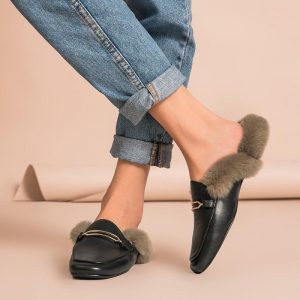 BeauToday Mules Women Sheepskin Genuine Leather Metal Buckle Decorated Autumn Winter Rabbit Hair Ladies Flats Handmade 37010