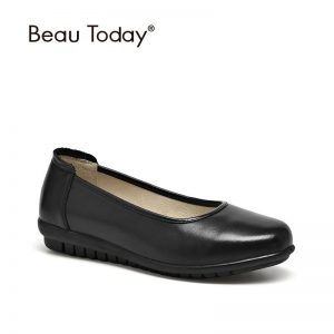 BeauToday Office Lady Shoes Genuine Cow Leather Round Toe Shallow Slip-On Women Flat Work Shoes Handmade 22121