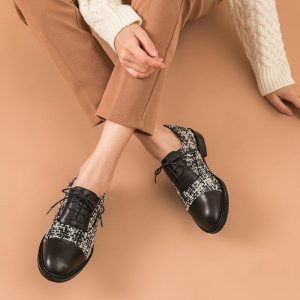 BeauToday Oxfords Women Calfskin Genuine Leather Round Toe Lace-Up Patchwork British Lady Flat Shoes Handmade 21100