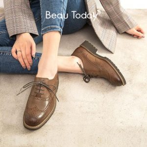 BeauToday Oxfords Women Sheepskin Genuine Leather Retro Wingtip Round Toe Lace-Up Ladies Brogue Waxing Flat Shoes Handmade 21822