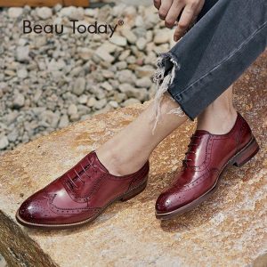 BeauToday Oxfords Women Wingtip Genuine Leather Calfskin Flats Lace-Up Pointed Toe Lady Brogue Shoes Handmade 21094