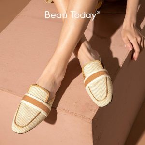 BeauToday Penny Mules Women Plaid Cloth Square Toe Open Heel Slip On Summer Outdoor Ladies Casual Flat Shoes Handmade 36140