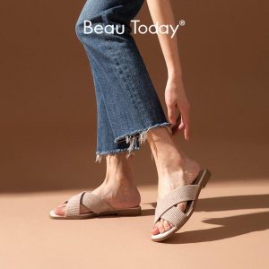 BeauToday Slippers Women Corduroy Square Toe Cross Band Slip-On Summer Ladies Outdoor Slides Casual Flat Shoes Handmade 36139
