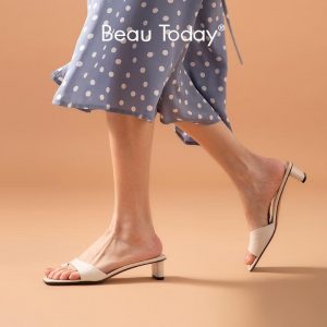 BeauToday Slippers Women Genuine Cow Leather Stone Pattern Square Toe Summer Ladies Outdoor Slides Med Heel Shoes Handmade 35079